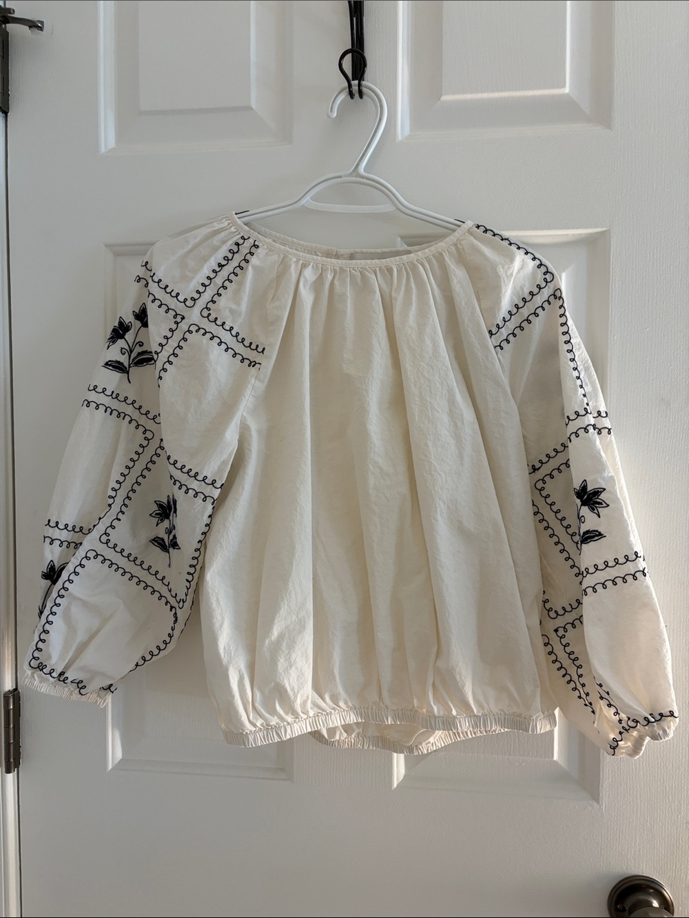 LOFT Cream Peasant Blouse with Black Embroidery